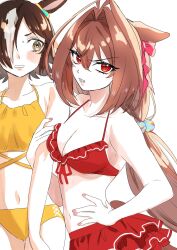Rule 34 | 2girls, animal ears, antenna hair, bare arms, bare shoulders, bikini, blush stickers, breasts, brown eyes, brown hair, cleavage, collarbone, commentary request, daiwa scarlet (trifle vacation) (umamusume), daiwa scarlet (umamusume), fang, frilled bikini, frills, hair between eyes, hair intakes, hair over one eye, hand on own hip, highres, horse ears, horse girl, horse tail, locked arms, looking at viewer, medium breasts, multicolored hair, multiple girls, nail polish, navel, one-hour drawing challenge, open mouth, pink nails, red bikini, red eyes, sarachi (sara dayluv), simple background, streaked hair, swimsuit, tail, umamusume, v-shaped eyebrows, vodka (umamusume), white background, white hair, yellow bikini