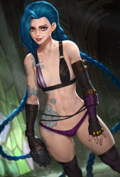 Rule 34 | 1girl, abs, blue hair, highres, jinx (league of legends), league of legends, midriff, neoartcore, revealing clothes, smile, tattoo