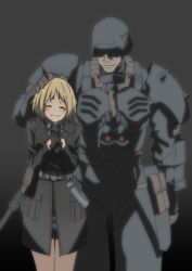 Rule 34 | 1boy, 1girl, armor, black armor, black gloves, blonde hair, chinese commentary, commission, faceless, faceless male, gas mask, girls&#039; frontline, gloves, gun, headpat, height difference, helmet, highres, jin-roh, jin roh, kerberos saga, long sleeves, mask, military, military uniform, mp40, mp40 (girls&#039; frontline), necktie, pixiv commission, shirt, short hair, simple background, submachine gun, triangle bullet, uniform, weapon