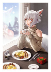 Rule 34 | 1girl, absurdres, animal ears, box, cat ears, clothing cutout, cup, earrings, elbows on table, facial mark, final fantasy, final fantasy xiv, food, gift, gift box, highres, hjz (artemi), holding, holding cup, indoors, jewelry, looking at viewer, miqo&#039;te, neck tattoo, reflection, short hair, shoulder cutout, grey eyes, silver hair, sitting, solo, sweater, tattoo, turtleneck, turtleneck sweater, two-handed, window, y&#039;shtola rhul