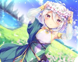 Rule 34 | 1girl, :o, antenna hair, bare shoulders, blue sky, blurry, blurry background, blush, breasts, cloud, day, detached sleeves, dress, dutch angle, flower, hair between eyes, hair flower, hair ornament, hands on headwear, head wreath, hinata yuu (atelierhinata), kokkoro (princess connect!), long sleeves, looking at viewer, outdoors, pointy ears, princess connect!, short hair, silver hair, sky, small breasts, smile, solo, white flower