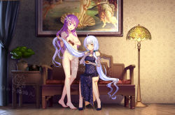 Rule 34 | 2girls, artistic nudity, barefoot, blue dress, bonsai, breasts, casual nudity, chinese clothes, clothed female nude female, colored pubic hair, couch, curtains, dongqing zaozigao, dress, dress shirt, elbow gloves, female focus, fine art parody, flower, gloves, hair flower, hair ornament, high heels, highres, long hair, medium breasts, mo qingxian, multiple girls, navel, nipples, nude, orange eyes, painting (object), parody, pubic hair, purple eyes, purple hair, pussy, radio, reflection, shirt, shoes, sitting, standing, the birth of venus, uncensored, vocaloid, vocanese, wallpaper (object), white hair, xingchen