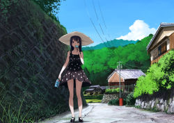 Rule 34 | 1girl, bad id, bad pixiv id, bare shoulders, black dress, black footwear, blue sky, building, bush, chain-link fence, cloud, day, domo1220, dress, eating, fence, food, grass, hat, hill, landscape, looking at viewer, mary janes, original, outdoors, plant, polka dot, polka dot dress, popsicle, power lines, road, scenery, shoes, short dress, sky, sleeveless, sleeveless dress, solo, standing, sun hat, sundress, sunlight, telegraph lines, utility pole, village, wall, wrapper