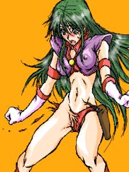 Rule 34 | 1980s (style), blush, elbow gloves, embarrassed, gloves, green hair, kirishima reika, long hair, lowres, oldschool, retro artstyle, solo, taito, time gal, torn clothes, very long hair