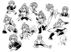 Rule 34 | 1girl, :d, ahoge, alternate form, back, barefoot, boots, collared jacket, collared shirt, double v, dougi, fiery hair, fighting stance, fingerless gloves, fire, gloves, greyscale, hair between eyes, hand on own hip, hand on own leg, hand up, hinoko (sunafuki tabito), jacket, long hair, long sleeves, looking at viewer, looking to the side, martial arts, martial arts belt, monochrome, multiple views, open mouth, original, pyrokinesis, school uniform, shirt, shorts, skirt, smile, socks, stretching, sunafuki tabito, t-shirt, v, white background