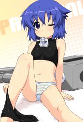 Rule 34 | 1girl, animal ears, bike shorts, blue eyes, blue hair, breasts, cameltoe, cat ears, covered erect nipples, highres, k10k, matching hair/eyes, mouth hold, navel, one eye closed, pani poni dash!, panties, serizawa akane, short hair, sitting, solo, sports bra, spread legs, striped clothes, striped panties, underwear, underwear only, undressing, wink