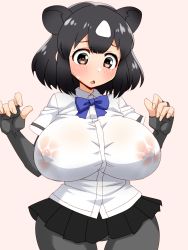 Rule 34 | 10s, 1girl, animal ears, bad id, bad pixiv id, bear ears, bear girl, bike shorts, black hair, black skirt, blue bow, blue bowtie, blush, bob cut, bow, bowtie, breasts, brown bear (kemono friends), brown eyes, collared shirt, commentary request, covered erect nipples, cowboy shot, curvy, elbow gloves, embarrassed, eyelashes, fingerless gloves, fingernails, furrowed brow, gloves, grey gloves, grey shorts, hands up, highres, huge breasts, impossible clothes, impossible shirt, kemono friends, lactation, lactation through clothes, looking down, maeda r44, microskirt, multicolored hair, no bra, open mouth, parted bangs, pink background, pleated skirt, see-through, shirt, short hair, short sleeves, shorts, shorts under skirt, simple background, sketch, skirt, solo, standing, surprised arms, sweatdrop, tareme, taut clothes, taut shirt, thigh gap, triangle mouth, two-tone hair, wet, wet clothes, white hair, white shirt, wide hips, wing collar