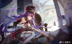 Rule 34 | 1girl, 1other, bare shoulders, black headwear, boots, chevreuse (genshin impact), commentary request, detached sleeves, earmuffs, earmuffs around neck, genshin impact, gloves, gun, hat, highres, holding, holding gun, holding weapon, long hair, purple eyes, purple hair, rifle, shako cap, thigh boots, very long hair, weapon, white footwear, white gloves, yulin tian
