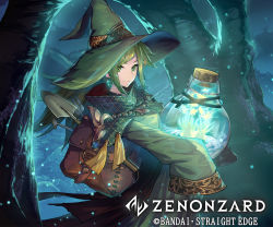 Rule 34 | 1girl, bottle, copyright name, essual (layer world), green eyes, green hair, green hat, hat, highres, night, official art, outdoors, robe, sleeves past fingers, sleeves past wrists, solo, tree, trowel, watermark, wide sleeves, wizard hat, zenonzard