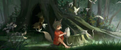 Rule 34 | 3girls, animal, animal ear fluff, animal ears, barefoot, bird, blurry, blurry foreground, brown eyes, brown hair, commentary, day, fang, forest, fox ears, fox girl, fox tail, grass, highres, holding, holding animal, japanese clothes, jewelry, looking at animal, multiple girls, nature, necklace, on grass, on ground, open mouth, original, outdoors, parted lips, pearl necklace, peeking, red footwear, red shirt, sanse (sssei 33), scenery, shirt, short hair, short sleeves, sitting, smile, stone lantern, tail, tiger, tiger cub, tree, tree hollow, tree stump, white bird, white tiger, wide sleeves