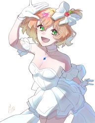 Rule 34 | 1girl, absurdres, arm behind back, arm strap, arm up, blonde hair, bow, bracelet, breasts, brown hair, choker, cleavage, collarbone, cowboy shot, dress, freyja wion, gloves, hair bow, hair ornament, heart, heart hair ornament, highres, jewelry, layered dress, macross, macross delta, mu (nemunemu moo), multicolored hair, one side up, ornate ring, pendant, ring, short dress, simple background, small breasts, solo, standing, strapless, strapless dress, two-tone hair, wedding dress, wedding ring, white background, white bow, white choker, white dress, white gloves