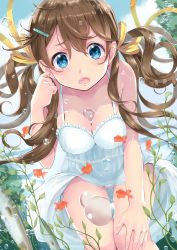 Rule 34 | 1girl, blue eyes, breasts, brown hair, bubble, cleavage, collarbone, day, dress, fish, floating hair, goldfish, hair between eyes, hair ornament, hair ribbon, hairclip, highres, long hair, medium breasts, open mouth, original, outdoors, partially submerged, ribbon, rin2008, sleeveless, sleeveless dress, solo, twintails, white dress, yellow ribbon