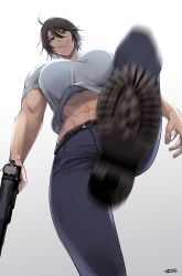 Rule 34 | 1girl, abs, ahoge, belt, black belt, black footwear, black hair, blurry, blurry foreground, boots, breasts, chequita, denim, from below, green eyes, gun, hair between eyes, handgun, highres, holding, holding gun, holding weapon, imminent kick, imminent stomping, jeans, jewelry, jormungand (manga), large breasts, looking at viewer, midriff, muscular, muscular female, navel, necklace, pants, shirt, short hair, signature, smile, solo, standing, standing on one leg, sunsirou, weapon, white background, white shirt