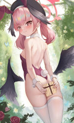 Rule 34 | 1girl, absurdres, animal ears, ass, bare shoulders, black hat, black wings, blue archive, blush, breasts, detached collar, fake animal ears, feathered wings, flower, halo, hat, head wings, highres, holding, jixo (user nzhc8728), koharu (blue archive), leotard, long hair, looking at viewer, low wings, nipples, pink eyes, pink hair, playboy bunny, rabbit ears, rabbit tail, small breasts, solo, strapless, strapless leotard, tail, thighhighs, tree, twintails, wings, wrist cuffs