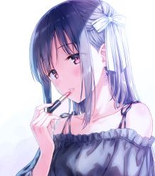 Rule 34 | 1girl, applying makeup, arms at sides, bare shoulders, blush, collarbone, cosmetics, dress, earrings, hair ribbon, hand up, hiten (hitenkei), jewelry, lips, lipstick, lipstick tube, long hair, looking away, makeup, matsumoto erina, off-shoulder dress, off-shoulder shirt, off shoulder, original, parted lips, pink eyes, purple hair, revision, ribbon, shade, shirt, sidelocks, simple background, solo, upper body, white background