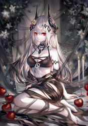 Rule 34 | 1girl, absurdres, apple, arknights, artist name, bare shoulders, barefoot, bikini, black bikini, black choker, breasts, candle, choker, cleavage, commentary, feet, flower, food, fruit, hair flower, hair ornament, highres, horns, jewelry, large breasts, long hair, looking at viewer, material growth, mudrock (arknights), mudrock (silent night) (arknights), necklace, official alternate costume, oripathy lesion (arknights), pointy ears, red eyes, sheya, signature, silver hair, sitting, soles, solo, stomach, swimsuit