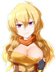 Rule 34 | 1girl, absurdres, ahoge, akudato, blonde hair, blush, breasts, cleavage, covered erect nipples, fingerless gloves, gloves, highres, large breasts, long hair, nipple slip, nipples, purple eyes, rwby, smile, solo, sweat, upper body, wavy hair, white background, yang xiao long