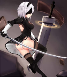 Rule 34 | 1girl, android, ass, black dress, black gloves, black hairband, black thighhighs, blindfold, boots, breasts, dress, gloves, hairband, highres, katana, leotard, nier (series), nier:automata, shiny skin, short hair, sideboob, solo, sword, thigh boots, thighhighs, weapon, white hair, white leotard, 2b (nier:automata), youque