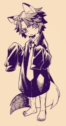 Rule 34 | 1boy, animal ears, barefoot, closed mouth, collared shirt, fingernails, fox ears, fox tail, full body, heathcliff (project moon), limbus company, male focus, necktie, oversized clothes, parted bangs, project moon, scar, scar on face, shirt, solo, tail, touma rui