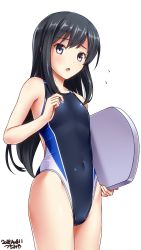 Rule 34 | 1girl, alternate costume, asashio (kancolle), bare arms, bare shoulders, black hair, black one-piece swimsuit, collarbone, commentary, competition swimsuit, covered navel, cowboy shot, dated, flat chest, flying sweatdrops, from below, grey eyes, highleg, highleg swimsuit, highres, holding, kantai collection, kickboard, long hair, looking at viewer, one-piece swimsuit, open mouth, shiny skin, signature, simple background, solo, standing, swimsuit, tsuchimiya, white background