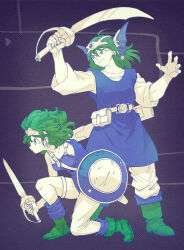 Rule 34 | 1boy, 1girl, asymmetrical legwear, asymmetrical sleeves, belt, belt bag, blue eyes, blue socks, blue tunic, boots, circlet, closed mouth, collarbone, curly hair, detached sleeves, dragon quest, dragon quest iv, earrings, full body, green footwear, green hair, hands up, hero (dq4), heroine (dq4), holding, holding shield, holding sword, holding weapon, jewelry, looking to the side, medium hair, open hand, pants, serious, shield, single bare shoulder, single detached sleeve, single thighhigh, socks, squatting, standing, sword, thigh strap, thighhighs, weapon, white pants, yuza