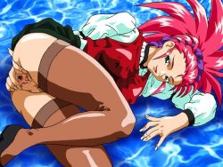 Rule 34 | 1girl, aged up, ass, green eyes, hair slicked back, hakubi washuu, looking at viewer, mature female, no panties, pink hair, pussy, red hair, solo, spiked hair, spread pussy, tenchi muyou!, thighhighs, tukasa, uncensored