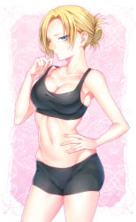 Rule 34 | 1girl, annie leonhart, bad id, bad pixiv id, bare shoulders, blonde hair, blue eyes, breasts, cleavage, collarbone, folded ponytail, hand on own stomach, heart, large breasts, lips, looking at viewer, mayoyara, midriff, navel, pink background, shingeki no kyojin, shorts, skindentation, solo, sports bra, star (symbol), strap pull, sweatdrop