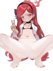 Rule 34 | 1girl, absurdres, black bra, black choker, black hairband, blue archive, bra, brown eyes, choker, collarbone, commentary request, crop top, dokomon, hairband, halo, hand up, highres, korean commentary, long hair, long sleeves, navel, no shoes, open clothes, open shirt, pantyhose, red hair, shirt, simple background, solo, spread legs, squatting, swept bangs, takane (blue archive), tiptoes, underwear, v, very long hair, white background, white pantyhose, white shirt