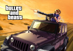 Rule 34 | 1girl, alice margatroid, blonde hair, blue tank top, car, commentary request, cookie (touhou), desert, english text, firing, gatling gun, grand theft auto, gun, hairband, highres, holding, holding gun, holding weapon, jeep, jeep wrangler, looking to the side, megafaiarou (talonflame 810), minigun, motor vehicle, mountain, muscular, muscular female, muzzle flash, orange sky, purple eyes, red hairband, road, sakuranbou (cookie), shell casing, short hair, sky, solo, sports utility vehicle, sunroof, tank top, touhou, upper body, vehicle focus, weapon