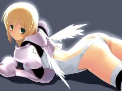 Rule 34 | 1girl, armor, ass, blonde hair, blush, butt crack, fantasy earth zero, female focus, from side, green eyes, hima, leotard, looking at viewer, lying, on stomach, solo, thighhighs, thighs, white leotard, wings