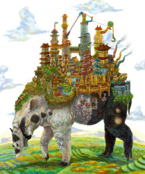 Rule 34 | absurdres, animal, architecture, blue eyes, building, chimney, city, cloud, crane (machine), east asian architecture, flag, highres, monster, original, oversized animal, stairs, statue, tapir, toufu (inu no mayuge), tusks, walking, wind turbine, windmill