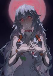 Rule 34 | 1girl, absurdres, ayanami rei, blue hair, bodysuit, breasts, chioo104, covered collarbone, cowboy shot, evangelion: 3.0+1.0 thrice upon a time, expressionless, full moon, glowing, glowing eyes, highres, huge moon, interface headset, long hair, looking at viewer, medium breasts, moon, neon genesis evangelion, night, night sky, outdoors, own hands together, parted lips, pilot suit, pink moon, plugsuit, rebuild of evangelion, red eyes, redrawn, sky, slit pupils, solo, standing, wavy hair, white bodysuit