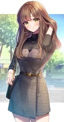 Rule 34 | 1girl, amagi shino, bag, belt, blurry, blurry background, blush, brown belt, brown eyes, brown hair, contrapposto, cowboy shot, fashion, hand in own hair, hand on own hip, handbag, highres, jewelry, letterboxed, long hair, long sleeves, looking at viewer, looking back, necklace, original, outdoors, outside border, plaid, smile, solo, standing, tree