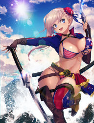 Rule 34 | 1girl, absurdres, american flag, american flag bikini, american flag print, arm up, asymmetrical footwear, asymmetrical legwear, bad id, bad pixiv id, belt, bikini, blonde hair, blue eyes, blue jacket, blue sky, blush, boots, bouncing breasts, breasts, brown footwear, brown gloves, bun cover, choker, chromatic aberration, cloud, collarbone, cropped jacket, day, dual wielding, fate/grand order, fate (series), female focus, fingerless gloves, flag print, floral print, front-tie bikini top, front-tie top, glint, gloves, gunblade, hand up, happy, highres, holding, holding weapon, huge filesize, jacket, kashu (hizake), large breasts, leg up, lens flare, long hair, long sleeves, looking to the side, mismatched footwear, mismatched legwear, miyamoto musashi (fate), miyamoto musashi (fate/grand order), miyamoto musashi (swimsuit berserker) (fate), miyamoto musashi (swimsuit berserker) (second ascension) (fate), navel, ocean, open clothes, open jacket, open mouth, outdoors, outstretched arm, print bikini, shell casing, shiny skin, skindentation, sky, smile, solo, standing, standing on one leg, stomach, sunlight, swimsuit, teeth, thick thighs, thigh boots, thigh strap, thighhighs, thighs, trigger discipline, water, waves, weapon, wide hips