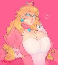 Rule 34 | 1girl, :o, artist name, blonde hair, blue eyes, blue gemstone, breasts, brooch, choker, cleavage, crown, dress, earrings, elbow gloves, gem, gloves, hand up, hands on own face, heart, heart in eye, highres, jewelry, large breasts, lips, long hair, looking at viewer, mario (series), messy hair, nintendo, osoretic, parted lips, pink background, pink choker, pink dress, pink lips, princess, princess peach, puckered lips, puffy short sleeves, puffy sleeves, ring, short sleeves, simple background, solo, super mario bros. 1, symbol in eye, thick eyebrows, upper body, white gloves