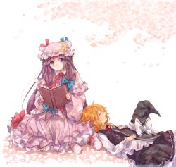 Rule 34 | 2girls, ankle boots, apron, blonde hair, book, boots, braid, branch, cherry blossoms, closed eyes, crescent, crescent hair ornament, dappled sunlight, double bun, dress, expressionless, footwear ribbon, hair bun, hair ornament, hair ribbon, hat, hat on chest, highres, kirisame marisa, long hair, long sleeves, looking at viewer, lying on person, mob cap, multiple girls, narina, open book, open mouth, patchouli knowledge, petals, purple eyes, purple hair, ribbon, robe, sidelocks, simple background, single braid, sitting, skirt, skirt set, striped clothes, striped dress, sunlight, touhou, tress ribbon, unworn hat, unworn headwear, very long hair, waist apron, white background, yokozuwari