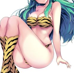 Rule 34 | 1girl, animal print, arm support, bandeau bikini, bikini, breasts, cleavage, green hair, head out of frame, large breasts, legs, long hair, lum, sitting, smile, solo, swimsuit, thick thighs, thighs, tiger print, urusei yatsura