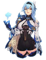 Rule 34 | 1girl, absurdres, black bodysuit, black hairband, black headband, blue cape, blue gloves, blue hair, blue necktie, bodysuit, bongchoonsik, boots, breasts, cape, closed mouth, clothing cutout, cowboy shot, eula (genshin impact), genshin impact, gloves, hair ornament, hairband, headband, high-waist shorts, highres, ice, icicle, large breasts, looking to the side, medium hair, multicolored eyes, necktie, pink lips, short shorts, shorts, shoulder cutout, solo, thigh boots, thigh strap, thighhighs, thighs, vision (genshin impact), white background, yellow eyes