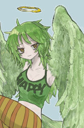 Rule 34 | 1girl, bare shoulders, breasts, cleavage, clothes writing, commentary request, crop top, feathered wings, feathers, green feathers, green hair, green tank top, halo, harpy, highres, long hair, medium breasts, midriff, monet (one piece), monster girl, one piece, pantyhose, snd0, solo, striped clothes, striped pantyhose, tank top, winged arms, wings, yellow eyes
