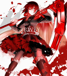 Rule 34 | 1girl, black footwear, black shirt, boots, copyright name, frilled boots, frills, from below, gradient hair, hair between eyes, holding, holding scythe, long sleeves, medium skirt, multicolored hair, pantyhose, petals, red eyes, red hair, red skirt, ruby rose, rwby, scythe, shirt, skirt, solo, standing, tsukasa (ilqmplim)