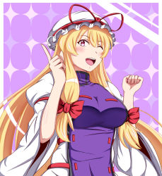 Rule 34 | 1girl, absurdres, armband, blonde hair, bow, breasts, dress, fingernails, hair bow, hands up, hat, hat ribbon, highres, kyoukyan, large breasts, long hair, long sleeves, mob cap, one eye closed, open mouth, patterned background, pointing, pointing up, puffy long sleeves, puffy sleeves, purple background, purple eyes, ribbon, smile, tabard, teeth, tongue, touhou, upper body, very long hair, white dress, wide sleeves, yakumo yukari