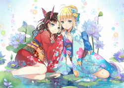 Rule 34 | 2girls, ahoge, alternate costume, arm support, artoria pendragon (all), artoria pendragon (fate), bad id, bad pixiv id, blonde hair, blue kimono, braid, brown hair, ekita kuro, fate/stay night, fate (series), floral background, floral print, flower, french braid, green eyes, hair flower, hair ornament, hand on another&#039;s shoulder, hand on own chest, highres, japanese clothes, kimono, leaning on person, lily pad, long hair, looking at viewer, lotus, multiple girls, obi, parted lips, red kimono, saber (fate), sash, seigaiha, sitting, smile, tabi, teeth, tohsaka rin, twintails, water, yokozuwari