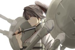 Rule 34 | 10s, 1girl, bow, brown eyes, brown hair, foreshortening, hair bow, ise (kancolle), japanese clothes, kantai collection, katana, md5 mismatch, ponytail, resized, resolution mismatch, short hair, smile, solo, source larger, sword, tsukamoto minori, weapon