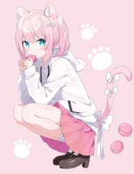 Rule 34 | 1girl, animal ear fluff, animal ears, blue eyes, blush, bow, brown footwear, cat ears, cat girl, cat tail, commentary, drawstring, food, full body, hair between eyes, hair bow, hands up, highres, holding, holding food, hood, hood down, hoodie, knees up, loafers, long sleeves, macaron, original, pink background, pink hair, pink skirt, pleated skirt, puffy long sleeves, puffy sleeves, shoes, simple background, skirt, sleeves past wrists, socks, solo, squatting, symbol-only commentary, tail, tail bow, tail ornament, tantan men (dragon), twintails, white bow, white hoodie, white socks