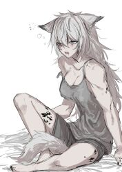 Rule 34 | 1girl, alternate costume, animal ears, arknights, bare shoulders, between legs, blush, breasts, camisole, cleavage, commentary request, drooling, eyes visible through hair, full body, grey camisole, grey eyes, grey tail, hair between eyes, highres, lappland (arknights), long hair, looking ahead, material growth, medium breasts, messy hair, mutomorokoshi, open mouth, oripathy lesion (arknights), scar, scar across eye, sharp teeth, simple background, sitting, sketch, solo, spaghetti strap, squeans, strap slip, tail, tail between legs, teeth, upper teeth only, waking up, white background, wolf ears, wolf girl, wolf tail
