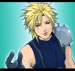 Rule 34 | 1boy, aqua background, aqua eyes, armor, black gloves, blonde hair, blue shirt, cloud strife, final fantasy, final fantasy vii, garakuta (chika), gloves, hair between eyes, lifestream, looking at viewer, looking up, lowres, male focus, outstretched hand, parted lips, pixel art, shirt, short hair, shoulder armor, sleeveless, sleeveless turtleneck, solo, spiked hair, square enix, suspenders, turtleneck, upper body