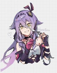 Rule 34 | 1girl, absurdres, bandaged arm, bandaged hand, bandages, bare shoulders, black hairband, collarbone, commentary request, cropped torso, gloves, grey background, grid background, hair between eyes, hairband, heart, highres, holding, holding scissors, honkai (series), honkai impact 3rd, huache (hana96ma), long hair, looking at viewer, pink gloves, pink hair, purple hair, scissors, sirin, smile, solo, twitter username, upper body, yellow eyes