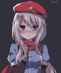 Rule 34 | 1girl, 9a-91 (girls&#039; frontline), beret, black background, blue eyes, blush, breasts, commentary request, dark background, girls&#039; frontline, gloves, hair between eyes, hair ornament, hat, long hair, long sleeves, looking at viewer, red hat, red scarf, scarf, sideboob, simple background, smile, solo, twitter username, very long hair, white hair
