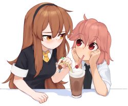 Rule 34 | black neckwear, black shirt, blush, brown hair, closed mouth, collared shirt, commentary, commission, copyright request, drinking straw, drinking straw in mouth, elbow rest, english commentary, eye contact, food, freckles, hairband, highres, ice cream, jewelry, looking at another, medium hair, necktie, pink hair, red eyes, ring, sharing food, shirt, short sleeves, simple background, white background, white shirt, wing collar, yellow neckwear, yoako