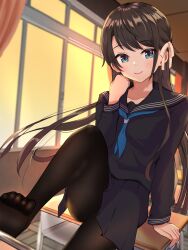 Rule 34 | 1girl, alternate costume, alternate hairstyle, aqua eyes, arm support, asymmetrical hair, black pantyhose, black serafuku, blue neckerchief, blurry, blurry background, blush, bow, breasts, brown hair, classroom, closed mouth, collarbone, curtains, depth of field, desk, feet, foot out of frame, foot up, hair bow, highres, hololive, indoors, knee up, long hair, long sleeves, looking at viewer, medium breasts, miniskirt, neckerchief, no shoes, on desk, oozora subaru, orange sky, pantyhose, parted bangs, pleated skirt, school uniform, serafuku, shadow, sitting, on desk, skirt, sky, smile, soles, solo, sunset, swept bangs, taachika, toes, virtual youtuber, white bow